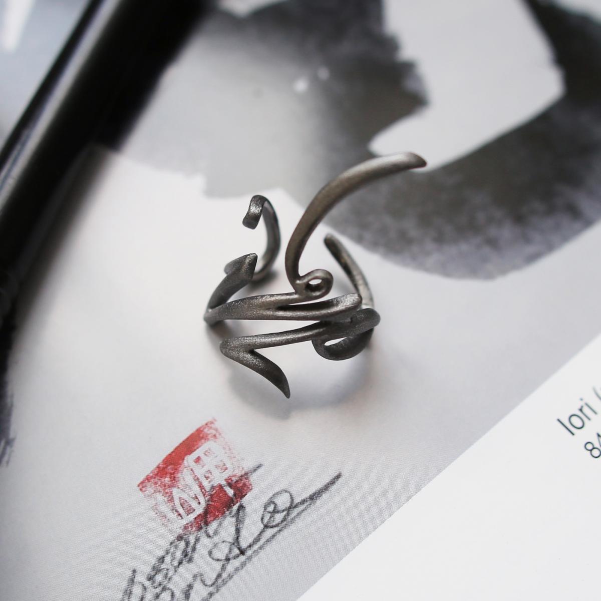 Кольцо иероглиф в японском стиле из серебра 925 пробы черного цвета